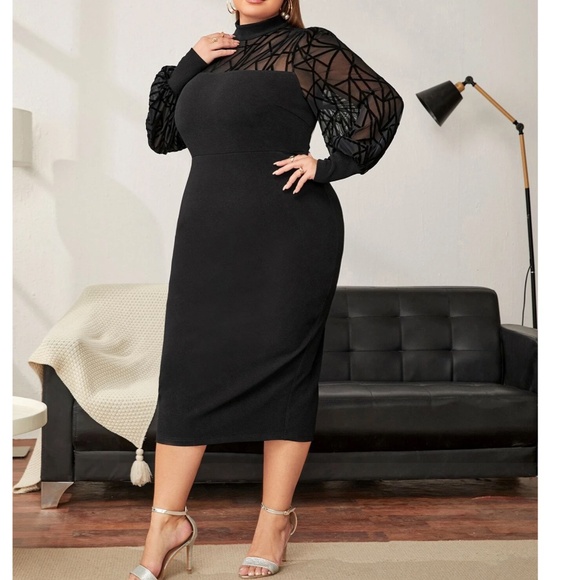 Plus Black Mock Neck Semi Sheer Long Sleeve Fitted Dress - Picture 3 of 5